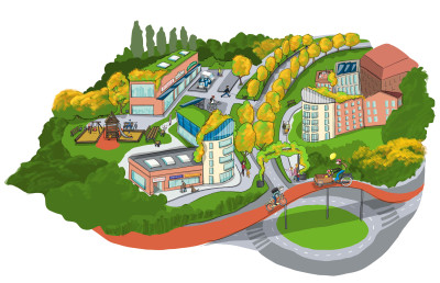 Comicartige Illustration eines Wohngebiets mit Grünflächen, Brücken, Häusern, Straßen und Kreisverkehr, Fußgänger:innen und Fahrradfahrende